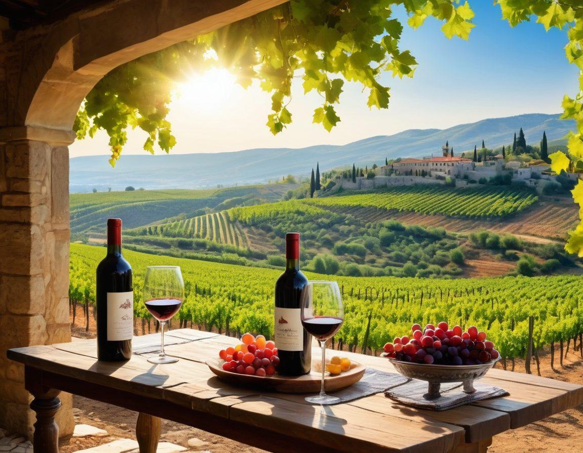 A picturesque vineyard in Turkey, with rows of grapevines stretching into the horizon. In the foreground, a rustic wooden table set with elegant wine glasses and a bottle of red wine, surrounded by traditional Turkish delicacies. Soft sunlight filters through lush leaves, creating a warm atmosphere. Include scenic hills and historic stone buildings in the background. vibrant colors. painting.