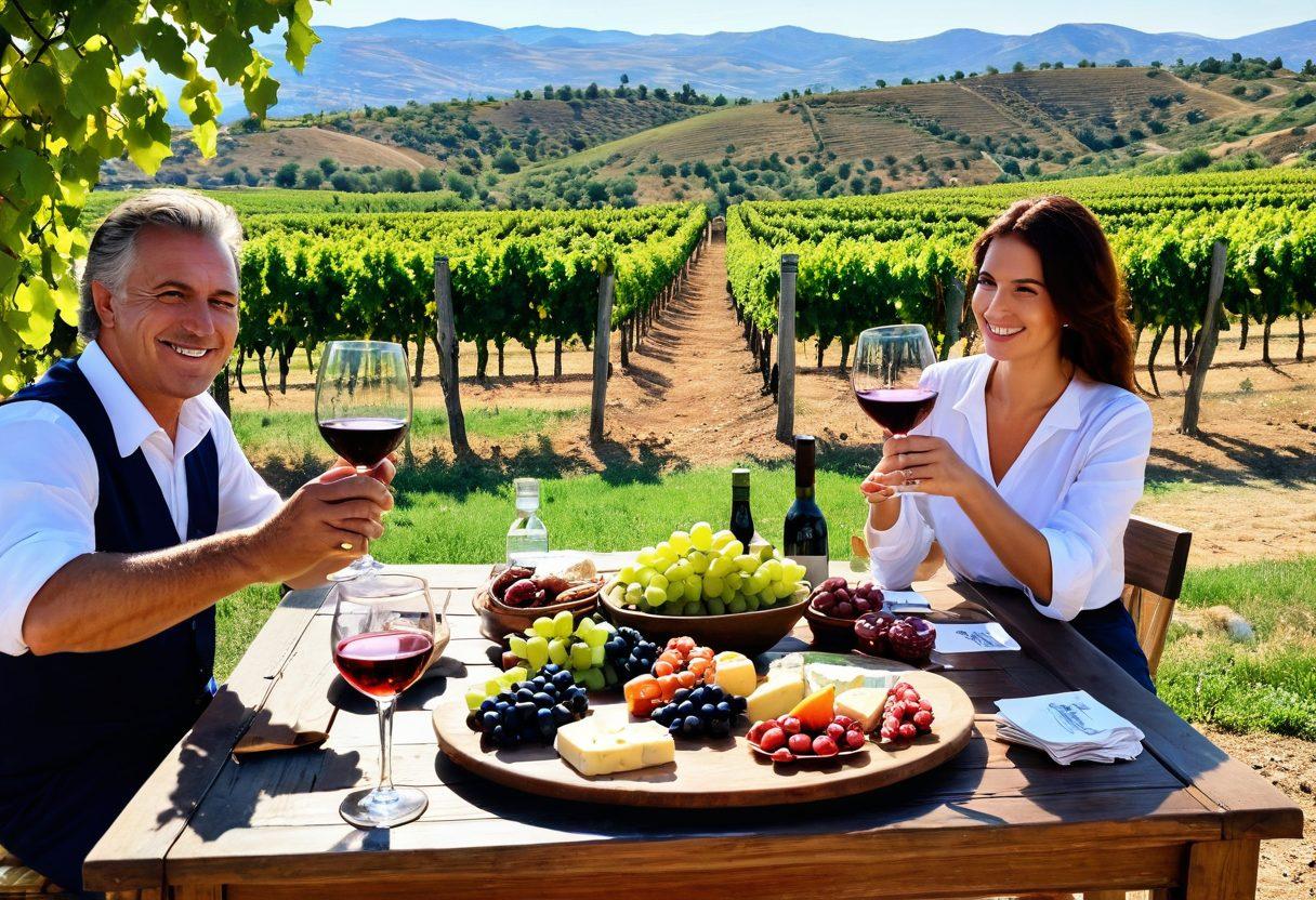 Capture a sun-drenched vineyard in Turkey with rolling hills in the background, showcasing grapevines laden with ripe grapes. In the foreground, a wooden table set for a tasting, featuring elegant wine glasses filled with rich red and white wines, paired with traditional Turkish delights and cheeses. Add a couple of smiling tourists enjoying the scenery while holding wine glasses, and include a clear blue sky above to evoke an inviting atmosphere. vibrant colors. super-realistic.