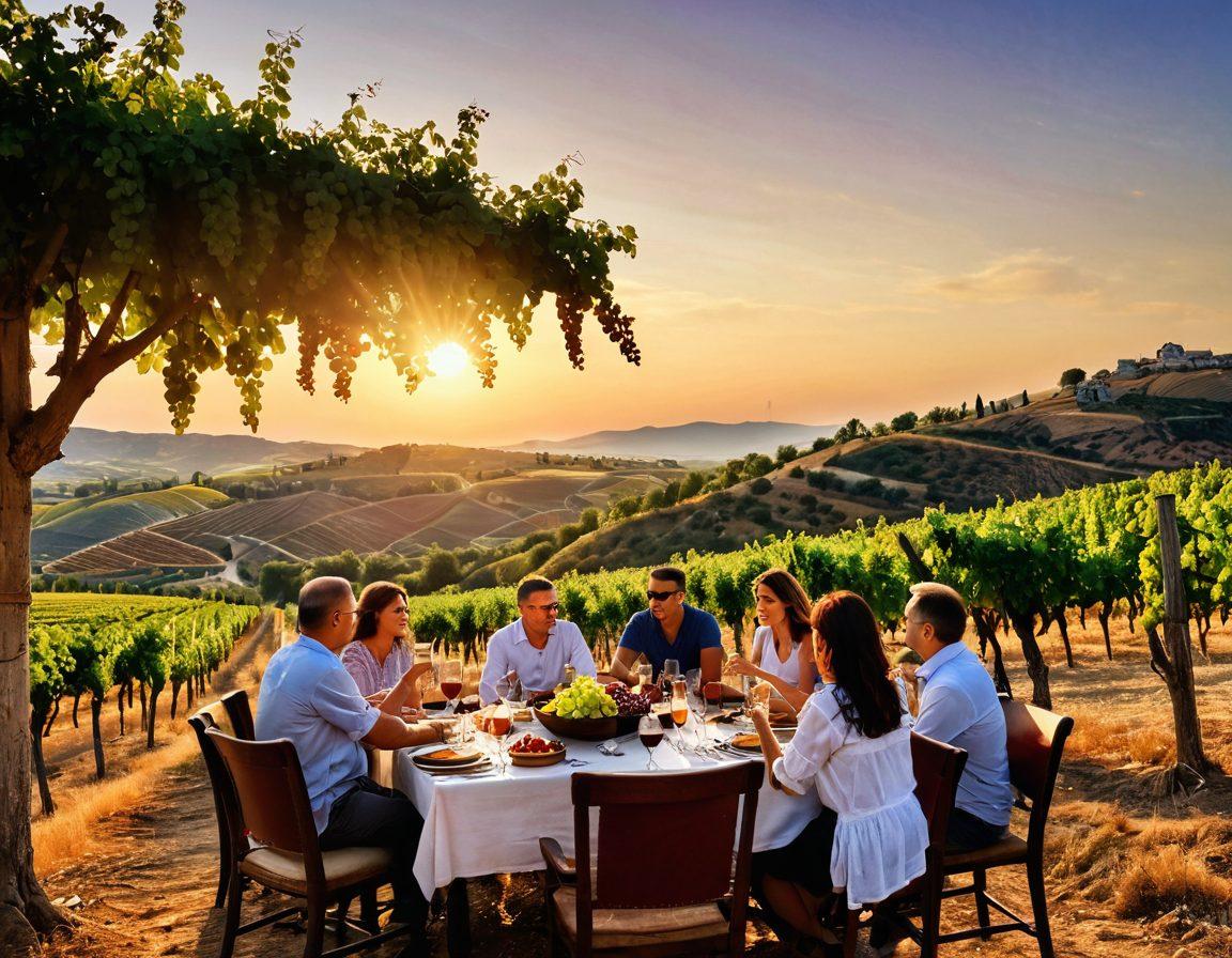 A picturesque vineyard nestled in the rolling hills of Turkey, with clusters of ripe grapes hanging from lush vines. In the foreground, a charming group of tourists engaged in a wine tasting, savoring glasses of rich, amber Turkish wine. The sun sets in the background, casting a warm glow over the landscape, enhancing the vibrant colors of the scene. Include traditional Turkish elements like elegant pottery and rustic wooden barrels. super-realistic. vibrant colors. warm tones.